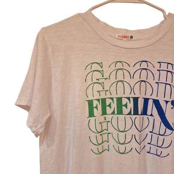 Sundry Women's White Cotton w Navy & Green Feelin' Good Graphic Short Sleeve Cre - Picture 4 of 11